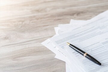 focused image of scattered tax documents and pen on wooden desk