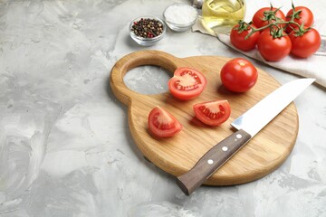 Cutting board with knife, tomatoes and spices on grey textured table, closeup. Space for text