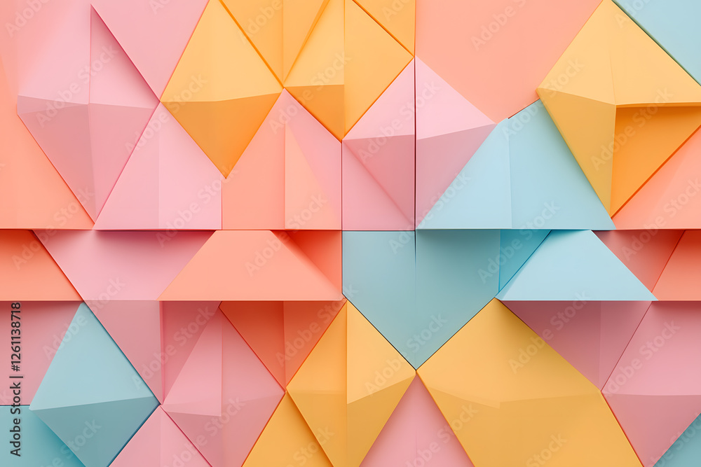 Poster abstract geometric pattern formed by colorful origami-like shapes creating a dynamic textured surfac