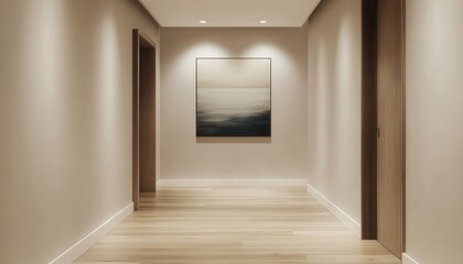 Modern hallway with wood flooring and contemporary artwork in a minimalist design space, highlighted by soft lighting and a decorative plant