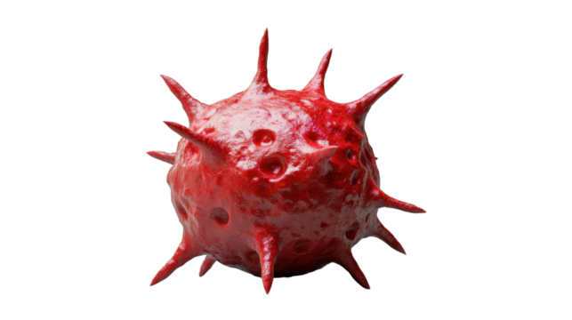 Red virus cell rotating on transparent background representing microbial pathogen