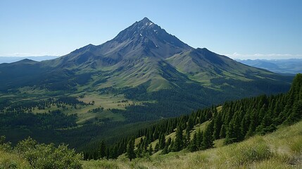 Obraz premium Majestic mountain peak, valley vista, green slopes, clear sky, nature travel photography