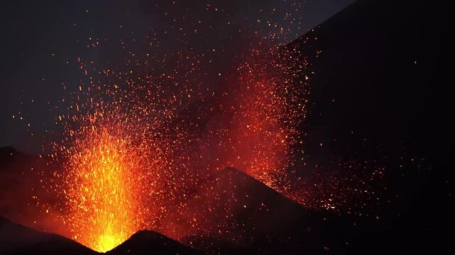 Dual-crater strombolian eruptions on Pico do Fogo volcano, Fogo, Cape Verde.