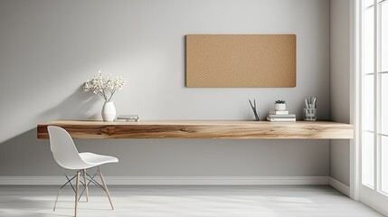 Modern minimalist workspace with wooden desk, natural light, and decorative elements in a calm environment