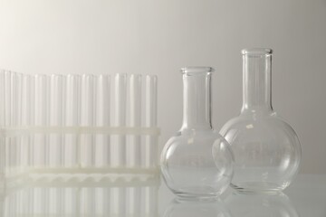 Empty flasks and test tubes on light background. Laboratory equipment
