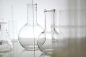 Empty flasks on light background. Laboratory equipment
