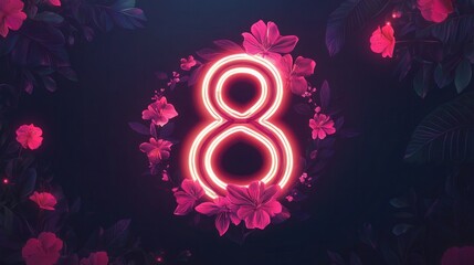 A Happy Mothers Day greeting for March 8 designed with an elegant neonstyle number 8 Vector illustration