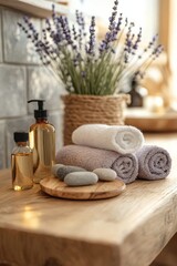 Serene Spa Arrangement: Lavender, Oils, and Rolled Towels on Rustic Wood, a Tranquil Still Life Evoking Relaxation and Wellness at a Spa Retreat
