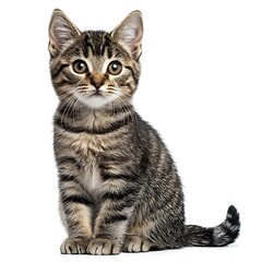 Obraz premium Cute tabby kitten sitting, white background, pet adoption