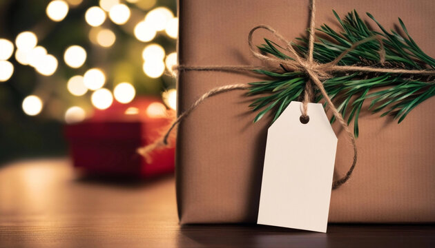 Close up of an empty Christmas gift tag next to a wrapped gift, with a pine sprig and a glowing string of lights in the background.