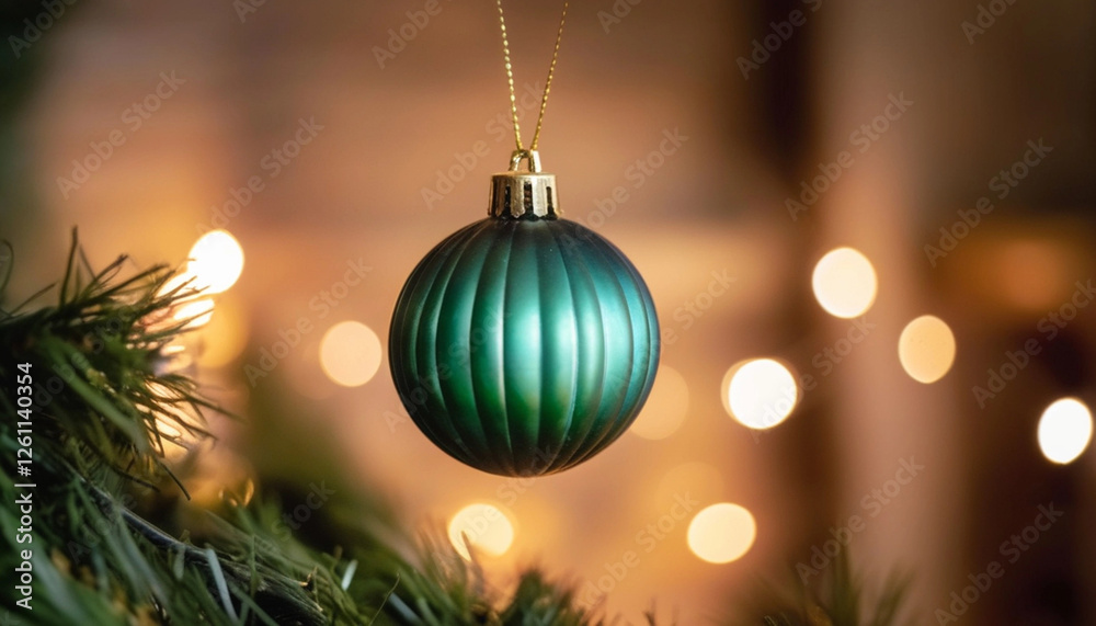 Wall mural close up of an empty christmas tree ornament hanging from a string, surrounded by pine branches and 