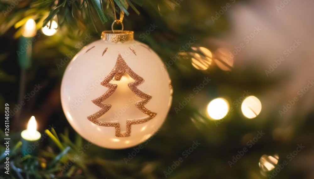 Wall mural close up of an empty christmas tree ornament hanging from a string, surrounded by pine branches and 