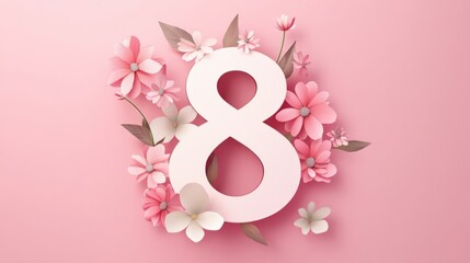 Fototapeta premium A papercut style 8 March symbol adorned with spring flowers International Womens Day design on a pink background with space for text Suitable for greeting cards flyers or brochures