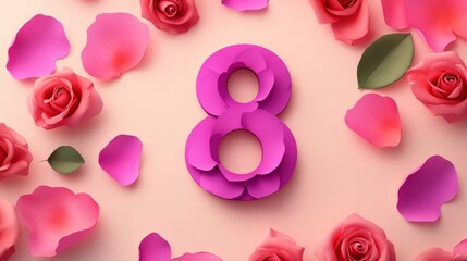 Happy International Womens Day A colorful March 8 banner template with realistic rose petals A craftstyle vector illustration with papercut elements for greeting cards Focus on
