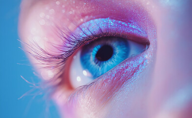 A close-up of a blue eye with shimmering eyeshadow and glowing skin against a turquoise background.