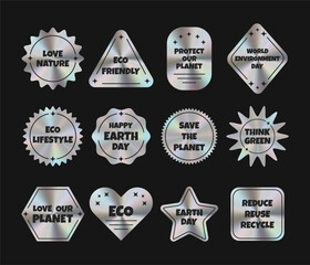 Set of silver holographic stickers, labels. On the theme of ecology, Earth Day, recycling. Vector illustration EPS10