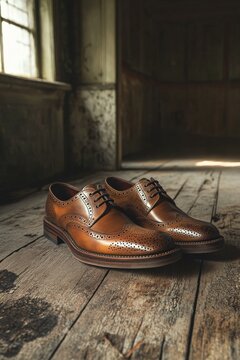 Stylish brown dress shoes placed on an old wooden floor