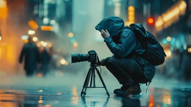View of a Person in a hooded waterproof jacket holding a camera and taking photos in the rain on the street, smooth repetitive motion for background video animation