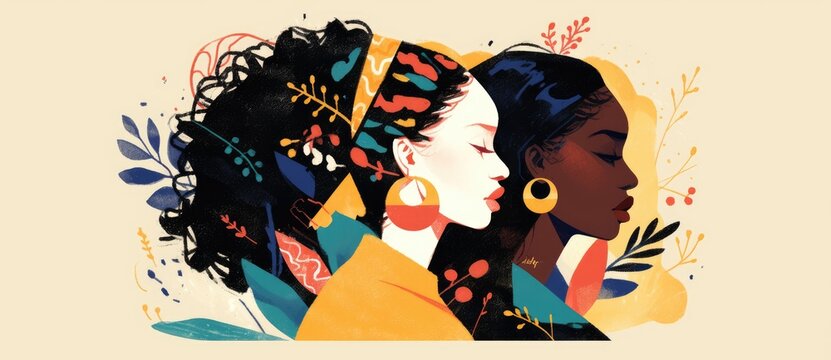 A vibrant abstract illustration of two women in profile, symbolizing strength, unity, and diversity. Ideal for empowerment campaigns, equality movements, and artistic projects