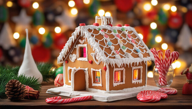 Close up of a gingerbread house on a table, with candy decorations and snowflakes, surrounded by twinkling lights and festive ornaments. - Powered by Adobe