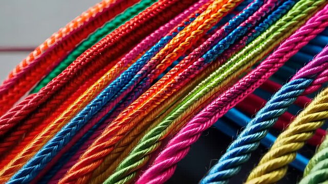 Close-Up of Colorful Twisted and Braided Ropes in Various Textures and Patterns Arranged in Parallel Rows

