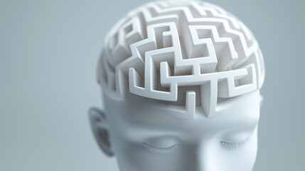 A conceptual 3D illustration of a human head with a maze-like brain structure, symbolizing intelligence and problem-solving.