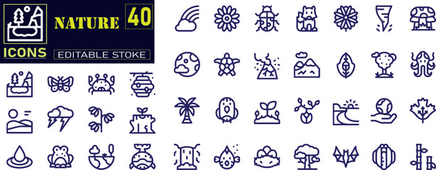 Set of outline icons related to nature. sun,sea,forest and mountain collection.