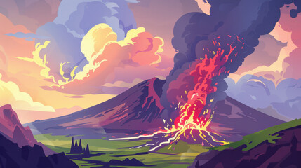 illustration erupting volcano with lava 