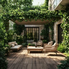 Obraz premium Lush Garden Patio with Wooden Pergola and Seating