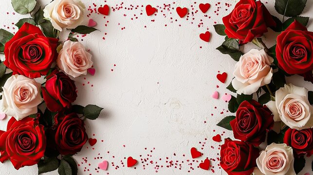 Lovely arrangement of red and pink roses with heart shapes for romantic occasions