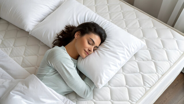 Top view of calm lady sleeping well on her back, resting, enjoying fresh cotton bedding, soft pillow and comfy mattress, copy space, banner