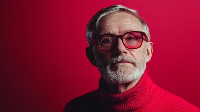 Senior man wearing red glasses and turtleneck posing on red background