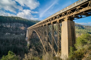 Fototapeta premium Majestic metal arch bridge spans valley, nature's embrace.