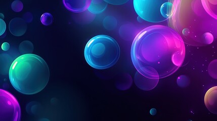 Colorful bubbles float on dark background, party backdrop
