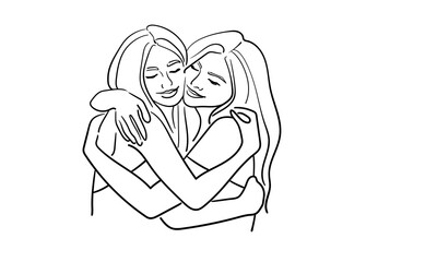 Two girls hugging, continuous line drawing. Support, empathy, friendship. Vector illustration isolated on white background