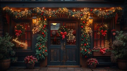 Festive storefront decorated with garlands, wreaths, lights, and ornaments for Christmas.