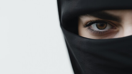 Naklejka premium A close-up of a person's intense gaze partially covered by a black knitted balaclava.