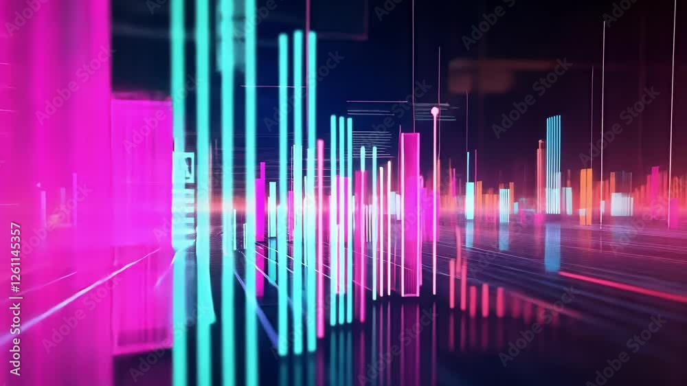 Poster colorful glowing lines and charts represent data flow in a futuristic cyberspace environment, creati