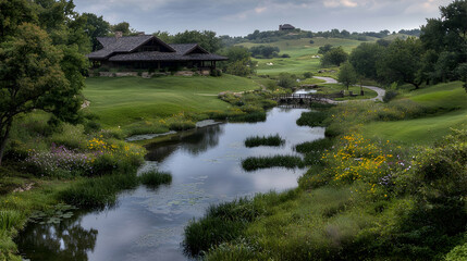 Obraz premium Hillside golf course clubhouse, stream, summer