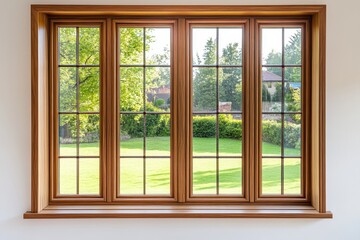 New wooden PVC window with brown metal frame installed at modern house, view of blurred green trees, blue sky. Advertising. Typical installation of insulated glazing windows with uPVC window frames.