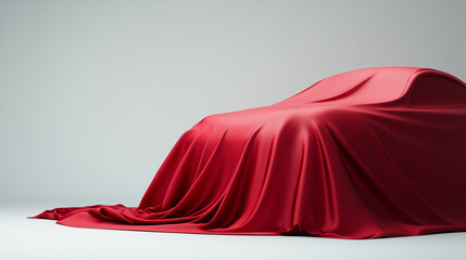 A new car hidden under a smooth red cloth, symbolizing an unveiling or luxury presentation.