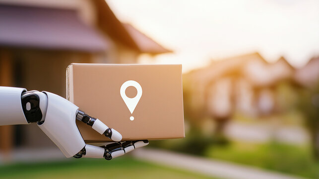 A robotic hand holding a package with a location icon, symbolizing AI and smart delivery systems.