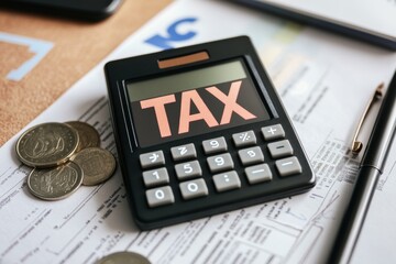 Tax season. Taxation. Word Tax on a calculator, coins stack on work desk. Paperwork, financial research, report. Calculation tax return. Personal banking. Finance. Planning budget. Calculating expense