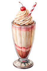 watercolor illustration of the milkshake with whipped cream and straw on the white background