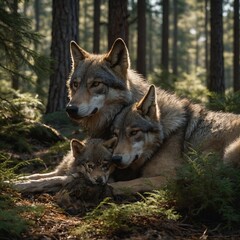 Fototapeta premium A touching scene of a mother wolf with her cubs in a forested area, highlighting the bond between family members while immersed in the green, natural environment. 