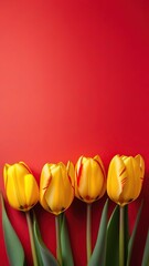 Vertical photo with yellow tulips isolated on red background. space for text on top