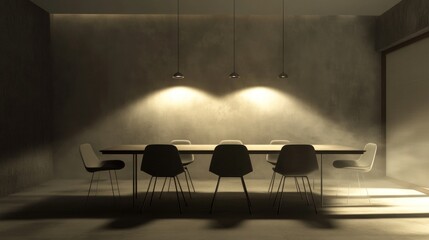 Minimalist dining room illuminated by pendant lights creates a serene atmosphere