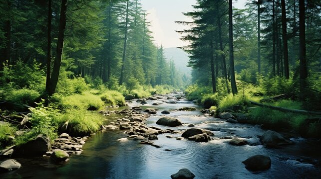 beautiful nature with smoke and all the beauty of the greatest trees, far and simply indescribable scenery, mountains, trees and river - a wonderful world