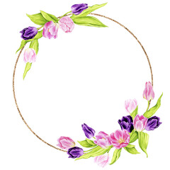 Watercolor tulip wreath. Round golden frame. Spring, Wedding, Mother's Day, Women's Day, Birthday. Composition for postcards, greeting cards, posters, invitations. Hand drawn illustration.
