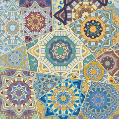 Vector patchwork quilt pattern. Vintage decorative collage. Hand drawn background. Indian, Arabic, Turkish motifs for printing on fabric or paper. Abstract colorful doodle pattern in mosaic style